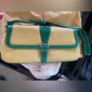 Monsac Woven Straw Crossbody Bag with Teal Trim